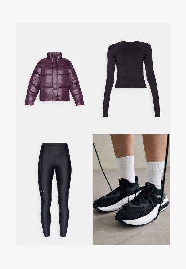 Lilla pufferjakke med høj krave, quiltet design og blank finish. Har lange ærmer og en cropped silhuet.; Sort langærmet crop top lavet af strækbart stof, med rund halsudskæring og raglanærmer med diskrete sømdetaljer.; Sorte leggings lavet af glat, strækbart materiale med høj talje. Har et hvidt logo på venstre lår og en tætsiddende design.; Sorte sportssko med tekstureret stof, hvid sål og sorte snørebånd. Båret med hvide ribbede sokker, stående på en lys overflade.