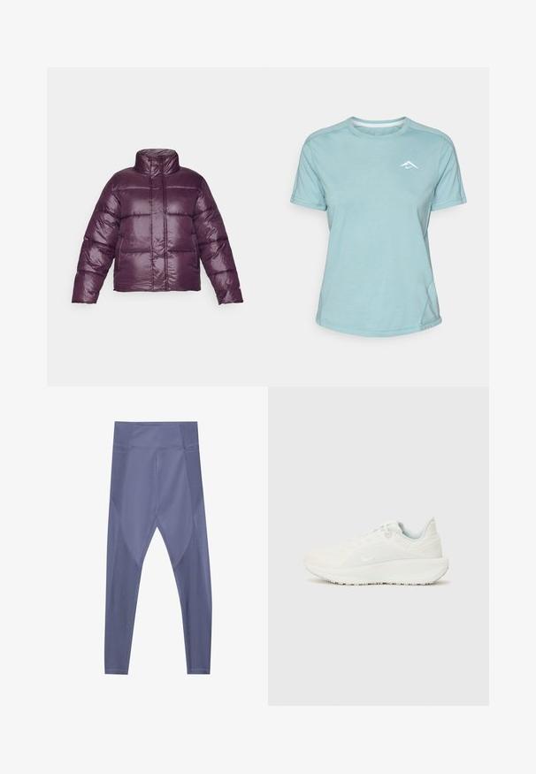 Doudoune violette avec un col haut, un design matelassé et une finition brillante. Elle a des manches longues et une silhouette courte.; T-shirt à manches courtes bleu clair en tissu doux, avec un col rond et un petit logo blanc sur la poitrine. Couture visible.; Leggings de sport violets avec une coupe ajustée, une texture lisse et des panneaux en maille sur les côtés pour la respirabilité. Design taille haute.; Baskets de sport blanches avec un dessus texturé, un col rembourré et un système de laçage. Elles disposent d'une semelle incurvée et d'un logo discret sur le côté.