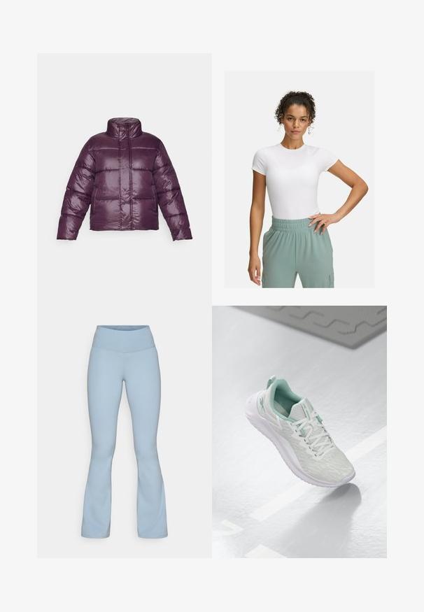 Lila Steppjacke mit hohem Kragen, gestepptem Design und glänzender Oberfläche. Verfügt über lange Ärmel und eine cropped Silhouette.; Weißes, körpernahes T-Shirt mit kurzen Ärmeln, kombiniert mit hellgrünen Hosen mit elastischem Bund. Glatte Textur, minimalistisches Design und keine sichtbaren Muster.; Champion TRAINING FLARE LEGGINGS INTERLOCK - Tights - light blue; Hellgraue Sportchuhe mit einem strukturierten Strickoberteil, mintgrünen Akzenten, weißen Schnürsenkeln, Gummisohle und einer Schlaufe an der Ferse.