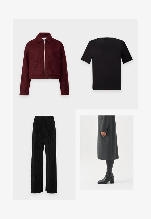 VILA VIJADAS - Mezisezónní bunda - cabernet; Černé tričko s krátkým rukávem a kulatým výstřihem, vyrobené z měkké bavlněné látky. Jednoduchý design, žádné viditelné logo nebo vzory.; Černé plisované kalhoty s elastickým pasem. Mají široké nohavice a hladkou, strukturovanou tkaninu s vertikálními pruhy.; Šedý padnoucí kabát s rovnou siluetou; kombinovaný s černými koženými botami nad kolena s hranatou špičkou a masivním podpatkem.