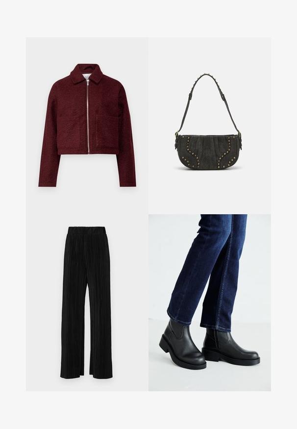 VILA VIJADAS - Übergangsjacke - cabernet; Set aus drei kurzärmeligen T-Shirts in Schwarz, Grau und Weiß. Hergestellt aus Baumwolle, mit Rundhalsausschnitt und einem einfachen, einfarbigen Design.; Schwarze plissierte Hose mit elastischem Bund. Verfügt über weite Hosenbeine und einen glatten, strukturierten Stoff mit vertikalen Streifen.; Schwarze Lederstiefeletten mit einer dicken Sohle und seitlichen Elastikeinsätzen, kombiniert mit dunkelblauen Jeans. Der Boden ist hellfarbig.; Schwarze Wildleder-Handtasche mit gewölbtem Design, verziert mit Nietenakzenten und einer strukturierten Oberfläche. Verstellbarer Tragegurt mit Nieten entlang des Randes.