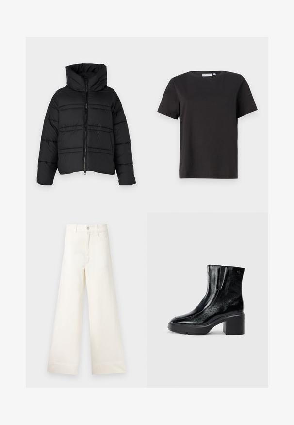 Svart pufferjakke med høy krage, glidelås og horisontal søm. Materialet ser glinsende og isolert ut.; Svart bomulls-T-skjorte med korte ermer, rund hals og et enkelt, rent design. Ingen synlige mønstre eller dekorasjoner.; Vide bukser i lys beige bomull. Har høy midje, frontlommer og rett passform. Renslig søm uten mønstre.; Sorte lakkskinn ankelstøvler med buet tå, elastiske sidestykker og en chunky klossheel. Har preget logo på baksiden.