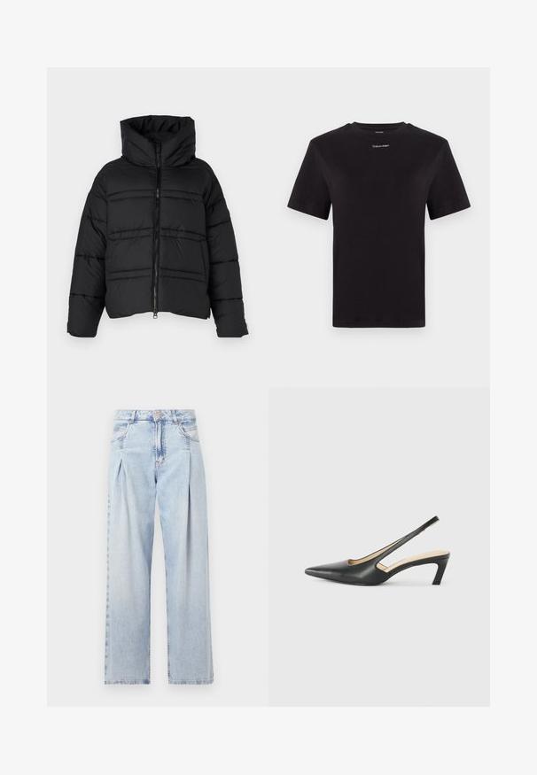 Black puffer jacket featuring a high collar, zip closure, and horizontal stitching. The material appears shiny and insulated.; Black cotton t-shirt with short sleeves, crew neck, and small white "Calvin Klein" logo at the chest. Smooth texture, classic fit.; Light blue denim jeans with a high waist, wide-leg cut, two side pockets, and pleated design feature. Soft texture with a faded finish.; Black pointy-toed slingback shoe with a low heel, featuring smooth leather material and cut-out design on the side for breathability.