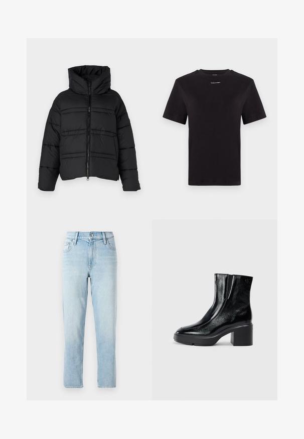 Černá péřová bunda s vysokým límcem, zipovým zapínáním a horizontálním prošíváním. Materiál vypadá leskle a je izolovaný.; Černé bavlněné tričko s krátkými rukávy, kulatým výstřihem a malým bílým logem "Calvin Klein" na hrudi. Hladká textura, klasický střih.; Světle modré denimové džíny, rovný střih, střední výška pasu, s pěti kapsami a zapínáním na knoflík vpředu.; Černé lakované kotníkové boty s zakřivenou špičkou, elastickými bočními panely a robustním blokovým podpatkem. Na zadní straně se nachází embosované logo.