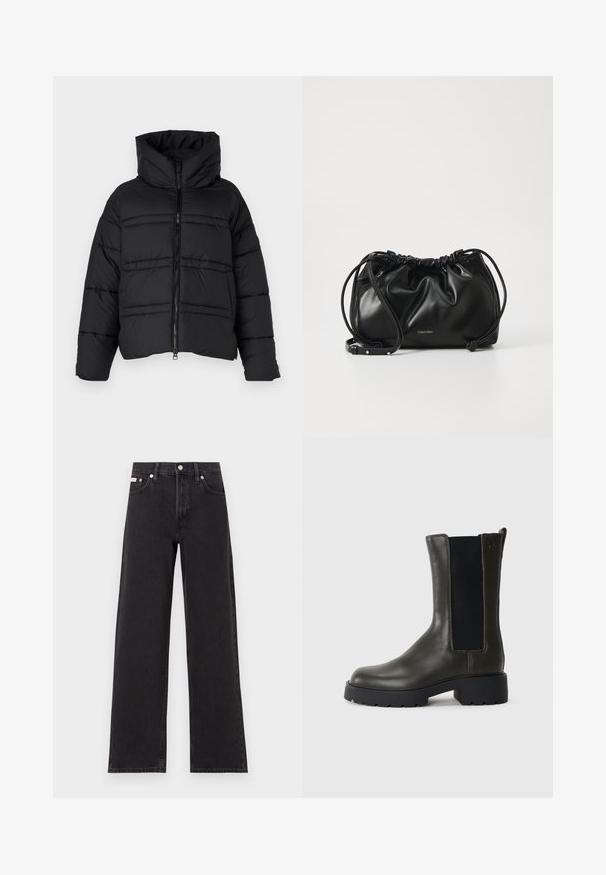 Zwarte pufferjack met een hoge kraag, ritsluiting en horizontale stiksels. Het materiaal lijkt glanzend en geïsoleerd.; Zwart katoenen T-shirt met ronde hals, korte mouwen en blauw geborduurd "Calvin Klein JEANS" logo op de voorkant.; Zwarte wijde spijkerbroeken van denim, met een hoge taille, vijf-pocket stijl en een metalen knoopsluiting met contrasterende stiksels.; Groene leren enkellaars met elastische zijpanelen, ronde neus en rubberen zool. Kenmerkt zich door een gestructureerde afwerking en een blokhak.; Zwarte leren handtas met geplooid ontwerp, dubbele trekkoordsluiting en afneembare schouderband. Voorzien van metallic logo detail.