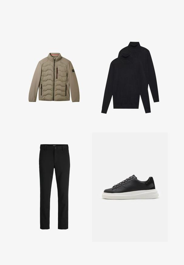 Chaki spalvos švarkas su siuvinėtu priekiu, lygiomis rankovėmis, aukštu apykakle ir dviem užtrauktukais užtraukiamais kišenėmis, su kontrastinėmis raudonomis akcentais ant užtrauktukų.; Du mėlynos ilgomis rankovėmis golfo megztiniai, paprasta mezgimo, supilti vienas ant kito, vienas šiek tiek už nugaros, ant baltos fono.; Juodos kelnės, pagamintos iš švelnaus audinio, pasižyminčios klasikiniu dizainu, tiesiu kirpimu, priekiniais mygtukais ir šoninėmis kišenėmis.; Juodos odinės sportbačiai su balta guma padanga, su plokščiomis raiščiais ir firminiais skylutėmis. Minkšta tekstūra su kontrastingu šonu akcentu.