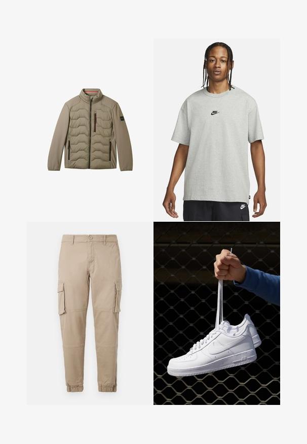 Kaki jakna s prešitm sprednjim delom, gladkimi rokavi, visokim ovratnikom in dvema žepoma na zadrgo, ki ima kontrastne rdeče poudarke na zadrgah.; Mlad človek z zasebnimi lasmi, oblečen v svetlo sivo majico Nike in črne kratke hlače Nike pred enostavno belo kuliso.; Bežne cargo hlače iz lahkega bombažnega materiala. Imajo elastične manšete, več stranskih žepov in gumbasto zapiranje.; Bela usnjena športna obutev s perforacijami, okroglo konico, ravnim podplatom in debelimi vezalkami, z vidnim logotipom smoosh in napisom "AIR" na peti.
