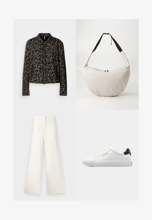 Gekürzte, Reißverschluss-Jacke im olivgrünen und schwarzen Leopardenmuster. Verfügt über einen klassischen Kragen und seitliche Taschen mit schwarzen Akzenten.; Weißes Langarm-T-Shirt mit einem Grafikmotiv, das eine Person zeigt, die drei Hunde spazieren führt, mit "Barbour" in Schwarz darüber gedruckt.; Weite Hosen aus hellem beigen Baumwollstoff. Mit hoher Taille, vorderen Taschen und geradem Schnitt. Saubere Saumverarbeitung ohne Muster.; Weißer Sneaker mit glatter Oberfläche, schwarzem Absatz und Schnürdesign. Mit "Calvin Klein"-Branding an der Seite. Minimalistischer Stil.; Hellbeige gepolsterte Schultertasche mit einer geschwungenen, halbmondförmigen Form. Schwarzer Riemen, Reißverschlussverschluss und dezentes Logo auf der Vorderseite. Weiche Textur.