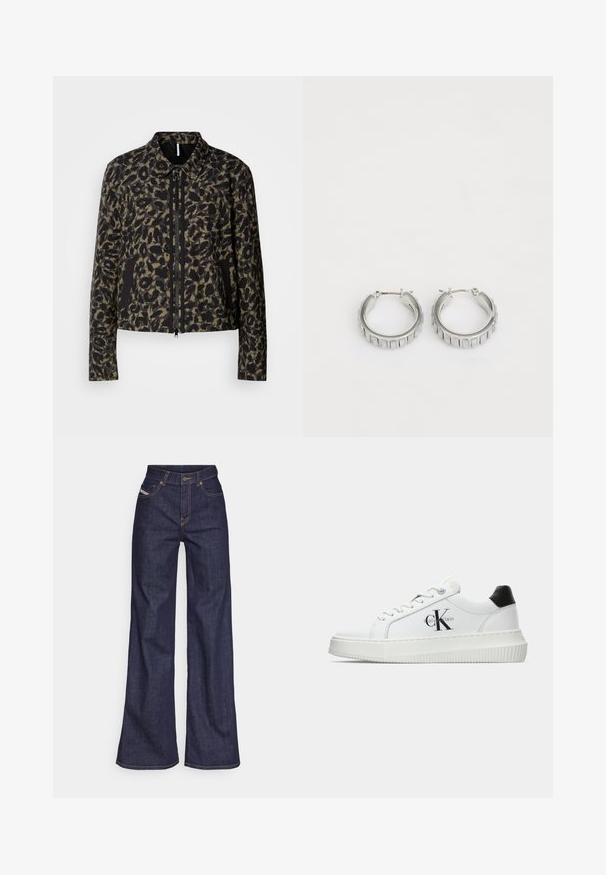 Jachetă scurtă, cu fermoar, într-un design cu print leopard verde măsliniu și negru. Dispune de un guler clasic și buzunare laterale cu accente negre.; Tricou alb cu mânecă scurtă, fabricat din bumbac. Are un decolteu rotund și o textură fină, cu cusături minime vizibile la tiv.; Blugi taille mare, de culoare albastru închis, din material denim, cu croială largă, cu cusături portocalii, design cu cinci buzunare și închidere cu nasture.; Adidași albi cu glezna joasă, cu tab-ul de călcâi negru, talpă platformă, șireturi și logo-ul "CK" de la Calvin Klein pe lateral.; Cercei din argint în formă de cerc cu un design texturat, ce prezintă striții verticale. Formă circulară cu un sistem de închidere sigur. Finisaj neted.