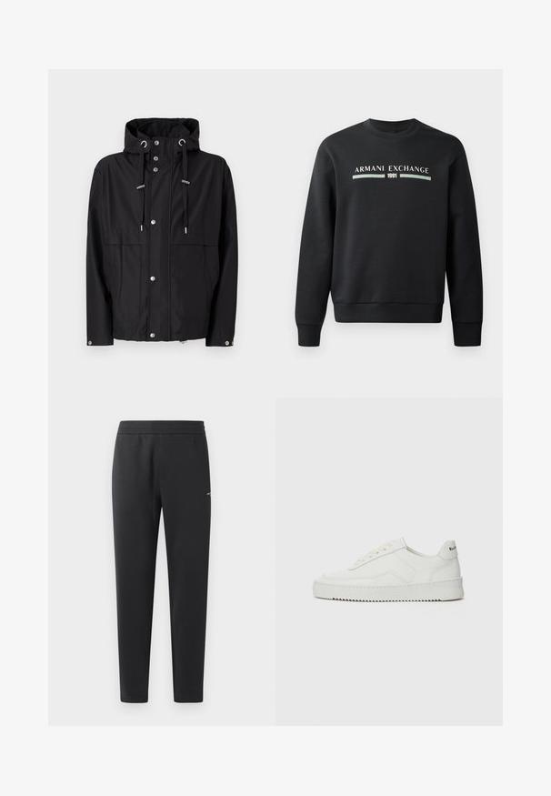 Jachetă impermeabilă neagră cu glugă, nasturi frontali, șnururi ajustabile și două buzunare laterale mari. Textură de material neted.; Hanorac negru dintr-un material moale. Prezintă un guler rotund și mâneci lungi. Partea din față afișează "ARMANI EXCHANGE" și "1991" în culori contrastante.; Pantaloni de jogger negri, confecționați dintr-un material moale, cu un brâu elastic, picioare drepte și un detaliu mic cu logo pe lateral.; Sneakers din piele albă cu un finisaj neted, vârf rotund, șireturi plate și o talpă texturată. Prezintă un logo subtil pe călcâi.