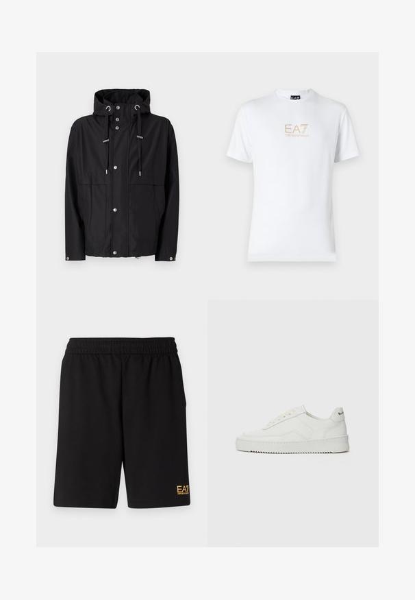 Čierna nepremokavá bunda s kapucňou, prednými cvočkami, nastaviteľnými šnúrkami a dvoma veľkými bočnými vreckami. Hladká textúra látky.; Biela bavlnená tričko s okrúhlym výstrihom a krátkymi rukávmi, na prednej strane s potlačou zlatého loga EA7 Emporio Armani.; Čierne športové šortky vyrobené z jemného materiálu, s elastickým pásom a malým žltým logom EA7 na dolnej ľavej nohe.; Biele kožené tenisky s hladkým povrchom, okrúly špičkový dizajn, ploché šnúrky a textúrovaná podrážka. Obsahujú jemné logo na päte.