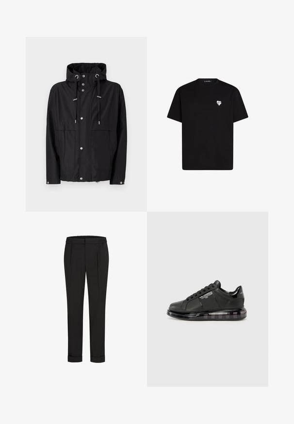 Mustat vedenpitävät takki, jossa on huppu, etupainikkeet, säädettävät nyörit ja kaksi suurta sivutaskua. Sileä kankaan tekstuuri.; Musta puuvillapaita lyhyillä hihoilla, pyöreä pääntie ja pieni valkoinen sydänkuvio vasemmassa rinnassa.; Mustat housut, joissa on joustava vyötärö, suoran lahkeiden muotoilu ja käännetyt hihnat. Valmistettu sileästä, kudotusta kankaasta ilman kuvioita.; Mustat lenkkarit, joissa on sileä nahkapäällinen, pyöreä kärki ja nauhakiinnitys. Varustettu kirkkaalla, pehmeällä pohjalla, jossa on tumma gradientti.