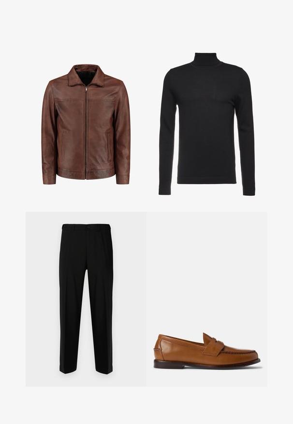 Bruine leren jas met een rits aan de voorkant, puntige kraag, twee zijzakken en subtiele stikdetails. Gladde textuur en klassiek ontwerp.; Zwarte coltrui gemaakt van zachte, ribbelige stof. Getailleerd ontwerp met lange mouwen en een hoge kraag. Minimalistische stijl, geen zichtbare patronen.; Zwarte broek van gladde stof, met een rechte snit, twee voorzakken en een ritssluiting met knoopsluiting.; Bruine leren instappers met een platte zool, ronde neus en decoratieve stiksels. Beschikt over een gestikt detail aan de bovenkant en een gladde afwerking.