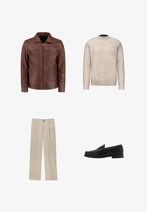 Brun læderjakke med lynlås foran, spids krave, to sidelommer og diskrete syninger. Glat tekstur og klassisk design.; Lys beige uldtrøje med rund halsudskæring og ribbede manchetter. Har en struktureret overflade og en kontrasterende mørkeblå indvendig krave.; Brun skjorte med knapper lavet af tekstureret stof. Har en klassisk krave og frontplade med mørke knapper. Lange ærmer.; Beige bukser med lige snit, der har en enkelt sort knap, bæltestropper og sidelommer. Glat stoftekstur og minimalistisk design.; Mango Business loafers - black