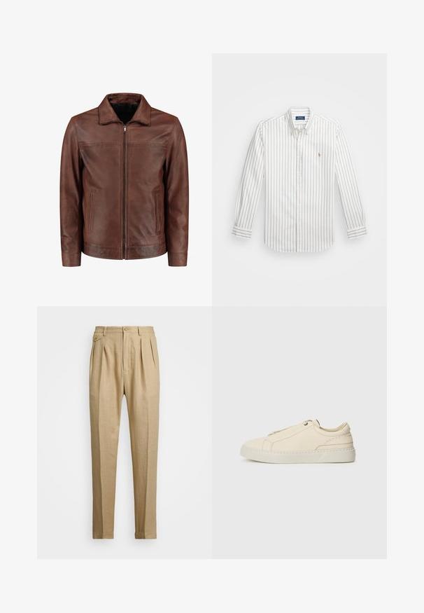Bruine leren jas met een rits aan de voorkant, puntige kraag, twee zijzakken en subtiele stikdetails. Gladde textuur en klassiek ontwerp.; Witte overhemden met lichtblauwe verticale strepen, lange mouwen, geknoopte kraag en klein geborduurd logo op de linkerborst.; Beige linnen broek met een rechte snit, voorzien van twee voorplooien, een knoopsluiting en zijzakken. Gestructureerde stof met een gladde afwerking.; Beige leren sneaker met een ronde neus, minimalistisch ontwerp, subtiele stikdetails en een gestructureerde bovenkant, op een lichte zool.