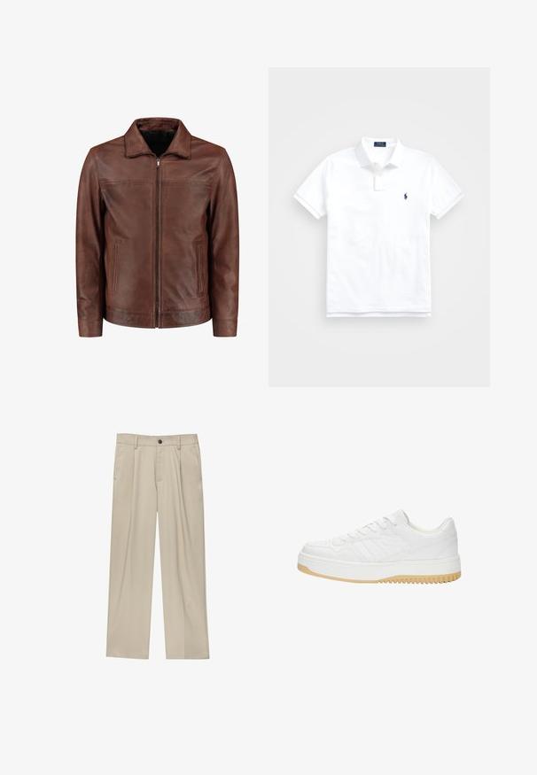 Brun læderjakke med lynlås foran, spids krave, to sidelommer og diskrete syninger. Glat tekstur og klassisk design.; Hvid polo skjorte lavet af bomuld, med en klassisk krave, korte ærmer og et lille marineblåt logo på venstre bryst. To-knaps knaplukning.; Beige bukser med lige snit, der har en enkelt sort knap, bæltestropper og sidelommer. Glat stoftekstur og minimalistisk design.; Hvide lædersneakers med struktureret finish, der har en gummisål, snørebåndsdesign og diskrete stribedetaljer på siderne.