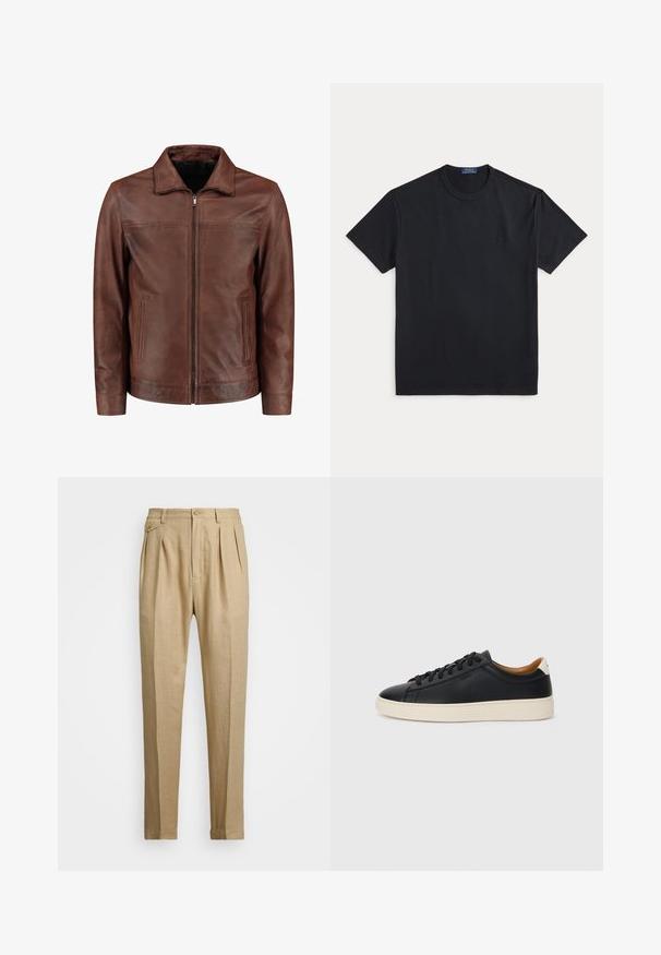 Bruine leren jas met een rits aan de voorkant, puntige kraag, twee zijzakken en subtiele stikdetails. Gladde textuur en klassiek ontwerp.; Zwart katoenen T-shirt met een ronde hals, korte mouwen en een klein geborduurd logo op de borst. Soepele textuur, casual ontwerp.; Beige linnen broek met een rechte snit, voorzien van twee voorplooien, een knoopsluiting en zijzakken. Gestructureerde stof met een gladde afwerking.; Zwarte leren sneakers met een gladde textuur, beige rubberen zool, vetersluiting en een contrasterende hielaccent.