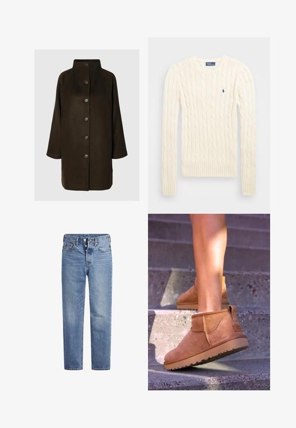 Brauner Wollmischungs-Mantel mit hohem Kragen, sechs schwarzen Knöpfen und seitlichen Taschen. Das Design zeichnet sich durch eine lockere Silhouette mit weiten Ärmeln aus.; Cremefarbener kabelgehäkelter Pullover mit langen Ärmeln, gerippten Bündchen und Saum, mit einem kleinen gestickten Logo auf der linken Brust.; Helle blaue Jeans im geraden Schnitt, mit fünf Taschen und einem Knopfverschluss. Sie weisen dezente Verfärbungen und orangefarbene Nähte auf.; Beige Wildleder-Ankelstiefel mit weicher Textur, gesteppten Details und einer Gummisohle, ausgestattet mit einer Schlaufe an der Ferse für einfaches An- und Ausziehen.