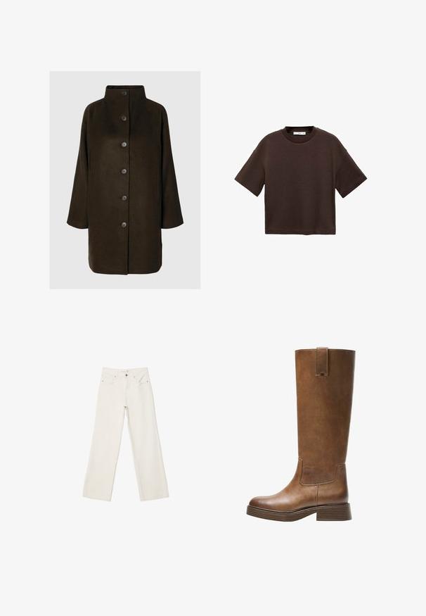 Smešani kaput od smeđe vune s visokim ovratnikom, šest crnih dugmadi i bočnim džepovima. Dizajn ima opuštenu siluetu s širokim rukavima.; Smeđi kratki rukav majica od mekog pamuka. Ima okrugli izrez i širok kroj, s glatkom teksturom i bez vidljivih uzoraka.; Bijele široke traperice s visokim strukom, prednjim džepovima i dugmetom za zatvaranje. Čist dizajn s minimalnim naglascima.; Smeđe kožne čizme do koljena s zaobljenim nosom, teksturiranom površinom i niskim debljim potplatom. Imaju bočni panel i povlačnu traku na vrhu.