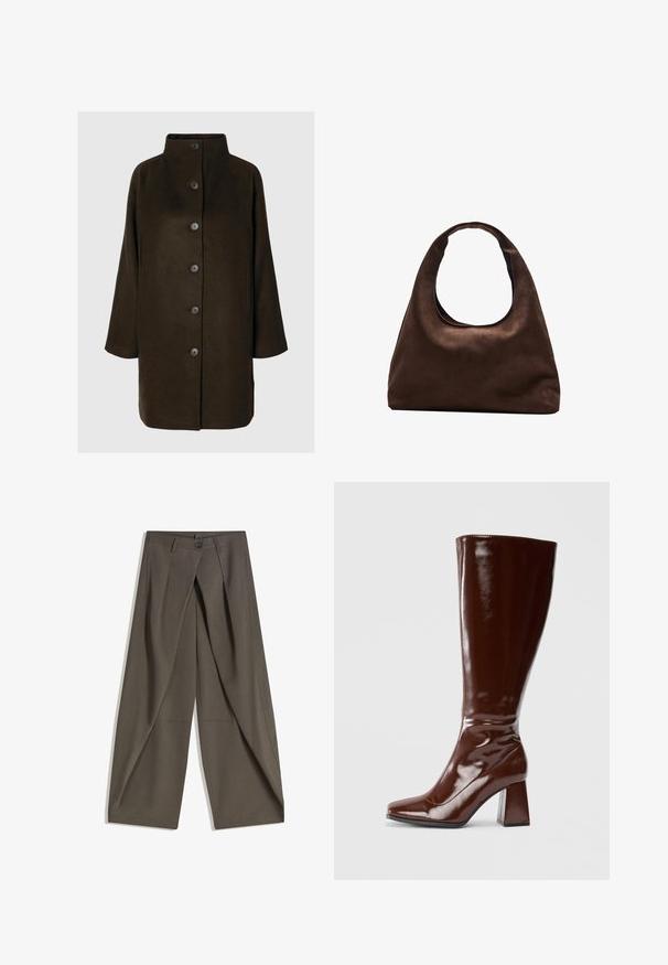 Cappotto in misto lana marrone con colletto alto, sei bottoni neri e tasche laterali. Il design presenta una silhouette comoda con maniche larghe.; T-shirt in cotone marrone, maniche corte, collo a giro, vestibilità abbastanza ampia, texture liscia, design minimalista, senza motivi o dettagli visibili.; Pantaloni a gamba larga realizzati in un tessuto testurizzato grigio scuro. Presentano una piega frontale, chiusura con bottone e tasche laterali per praticità.; Stivali marroni in pelle verniciata alti fino al ginocchio, con punta quadrata, finitura lucida e taccochunky per stabilità. Design senza soluzione di continuità senza hardware visibile.; Borsa hobo di un morbido marrone con una sola tracolla larga e un'apertura a manico curvo, esposta su uno sfondo bianco.