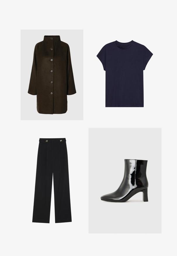 Pruun villasegu mantel kõrge kraega, kuue musta nööbiga ja küljetaskutega. Disainil on lõdva siluett ja laiad varrukad.; Tumesinine puuvillane T-särk ümmarguse kaelusega ja lühikeste varrukatega, millel on lõdva istuvus ja sile tekstuur. Ilma mustrite või aktsentideta.; Mustad laiad püksid kõrge vöökoha ja nööpdetailidega vööandil, esikortsudega.; Must-sinine nahkjalats musta läikiva viimistlusega, millel on terav nina ja keskmise kõrgusega plokk konts. Sile tekstuur ja minimalistik disain.
