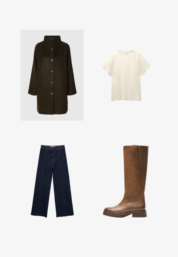 Smešani kaput od smeđe vune s visokim ovratnikom, šest crnih dugmadi i bočnim džepovima. Dizajn ima opuštenu siluetu s širokim rukavima.; Svijetlo bež majica kratkih rukava s okruglim izrezom, izrađena od meke, glatke tkanine. Karakterizira je opušteni kroj i ravni rub.; Hlače od tamnog jeansa s širokim nogavicama, kontrastnim šavovima, visokim strukom i ravnim krojem. Imaju prednje džepove i klasično zatvaranje na gumb.; Smeđe kožne čizme do koljena s zaobljenim nosom, teksturiranom površinom i niskim debljim potplatom. Imaju bočni panel i povlačnu traku na vrhu.