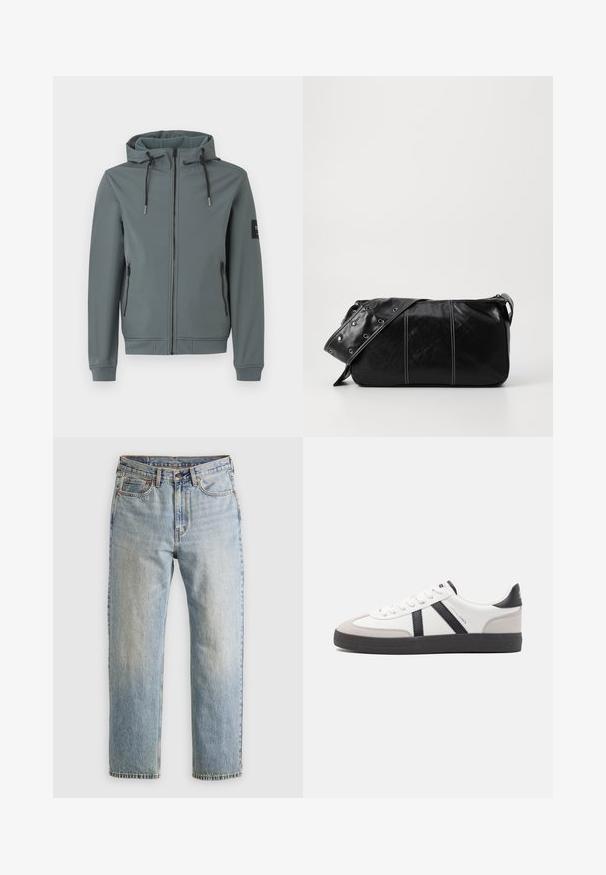 Veste à capuche de couleur grise atténuée, fabriquée en tissu lisse et extensible. Comprend une fermeture éclair intégrale, deux poches latérales et des cordons ajustables.; Pull en tricot beige avec un col roulé haut et côtelé. Présente un motif en maille torsadée texturé et des poignets et ourlet côtelés, offrant une apparence chaleureuse.; Jean en denim bleu clair à taille haute, avec bouton avant, fermeture éclair et design à cinq poches, posé à plat sur un fond neutre.; Baskets blanches avec des accents noirs et gris, présentant un embout texturé gris, une semelle en caoutchouc noir et des lacets plats blancs. Design épuré, style minimaliste.; Sac à épaule en cuir noir avec une fermeture éclair, doté d'un corps texturé, de coutures blanches et d'une sangle avec des œillets en argent.