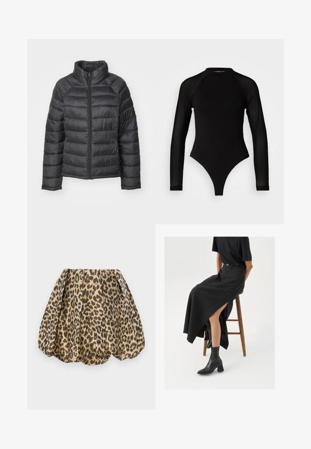 Črna puhovka z visokim ovratnikom, sprednjim zadrgo in horizontalnim prešitim vzorcem. Narejena iz lahkega, sijočega materiala. Standardna kroj.; Črn bodi z dolgimi rokavi in visokim ovratnikom, ki ima trden material na trupu in prosojne mrežaste rokave, oblikovan v prilegajoči se silhueti.; Sister Jane LOLA SKIRT - Krilo A-kroja - tan; Črna lanena maxi krilo z visokim razporkom, oblečeno s črno majico in črnimi gležnjarji. Minimalističen dizajn z udobnim krojem.