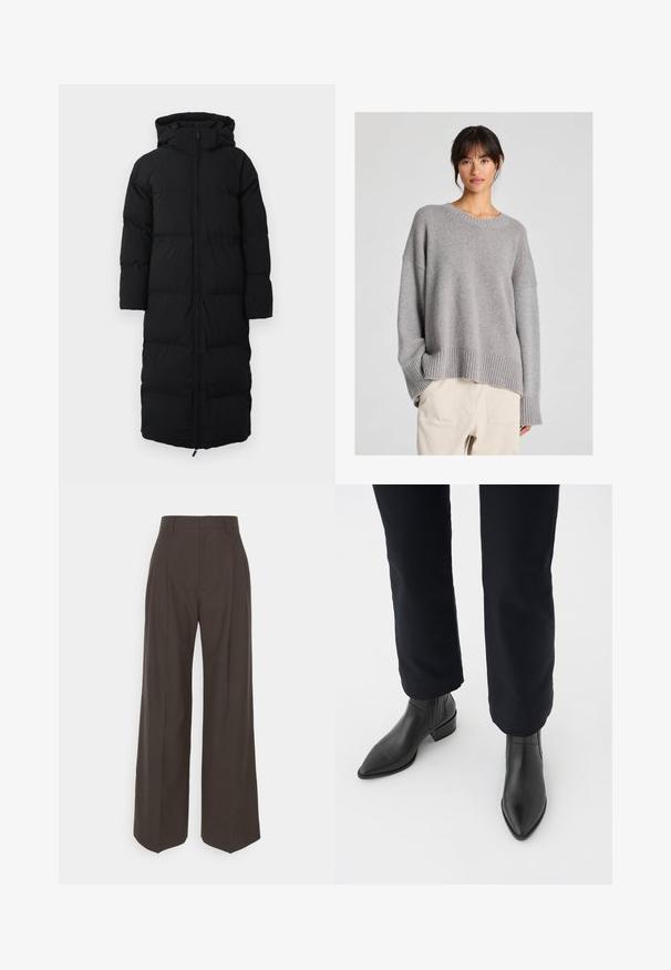 Langer schwarzer Daunenmantel mit Kapuze, gefertigt mit einem Reißverschluss, gestepptem Design und Seitentaschen. Hergestellt aus isolierendem, wasserabweisendem Material.; Grauer gestrickter Pullover mit lässiger Passform, Rundhalsausschnitt, gerippten Bündchen und Saum. Weiche Textur mit einem subtilen Strickmuster. Kombiniert mit hellen Hosen.; Dunkelbraune weite Hose mit hoher Taille, die über sorgfältig gebügelte Falten, eine glatte Textur und eine taillierte Passform verfügt.; Schwarze Leder-Stiefeletten mit spitzem Zehenbereich, Blockabsatz und strukturierten Seitenpaneelen, kombiniert mit dunklen Hosen vor einem weißen Hintergrund.