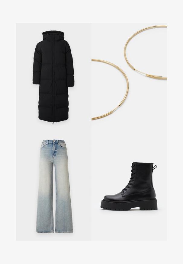 Duga crna puf jakna s kapuljačom, koja ima patentni zatvarač, ušiveni dizajn i bočne džepove. Izrađena je od izoliranog, vodootpornog materijala.; Vero Moda VMNEWCREAM FUNNELNECK PULLOVER - Vesta - black/birch; Svijetloplave široke traperice od denima, s visokim strukom, pet džepova i vidljivim šavovima duž šavova.; Crne kožne gležnjače s okruglim vrhom, vezanjem sprijeda i debelim gumenim potplatom s teksturiranim uzorkom. Tipa: traka za vuču na stražnjoj strani.; Zlatne kružne naušnice, tanke i okrugle, s glatkom metalnom površinom bez ukrasa ili uzoraka.