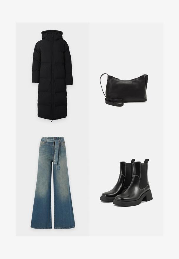 Lang sort dunjakke med hætte, der har lynlås lukning, quiltet design og sidelommer. Fremstillet af isoleret, vandafvisende materiale.; Mørke marineblå cropped striktrøje med ribbet tekstur, korte brede ærmer og rund halsudskæring. Enkel design, ingen synlige mønstre eller accenter.; Bredbens-denimbukser med en lys til mørk blå gradient, høj talje, bælteløkker og et matchende stofbælte. Tekstureret denimfinish.; Sorte læder Chelsea-støvler med en kraftig hæl, elastiske sidepaneler og kontrastfarvet hvid syning. Tekstureret overflade.; Sort læder skuldertaske med en glat tekstur, buet form, justerbar rem og lynlås. Minimalistisk design uden udsmykninger.
