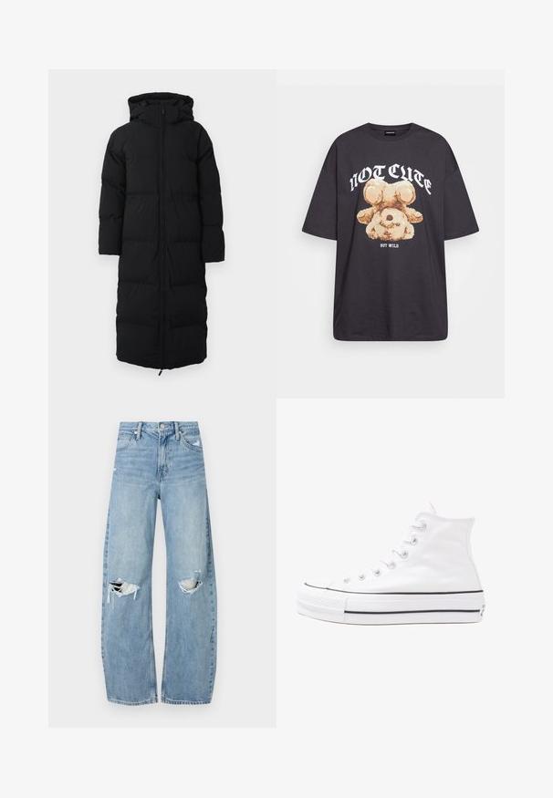 Lang svart pufferjakke med hette, med glidelås, quiltet design og sidelommer. Laget av isolert, vannavstøtende materiale.; Svart oversized t-skjorte med en grafikk av en bjørn og teksten "IKKE SØT, MEN VILL" i fet, hvit skrift. Laget av bomull.; Lyseblå høytlivsjeans laget av denim. Har vide bein, to revne knær og klassisk fem-lommers design.; Hvit høy-skinn kanvas sneakers med svart gummisåle, gummitåhette foran og seks hull for snorer, med et rent, minimalistisk design.