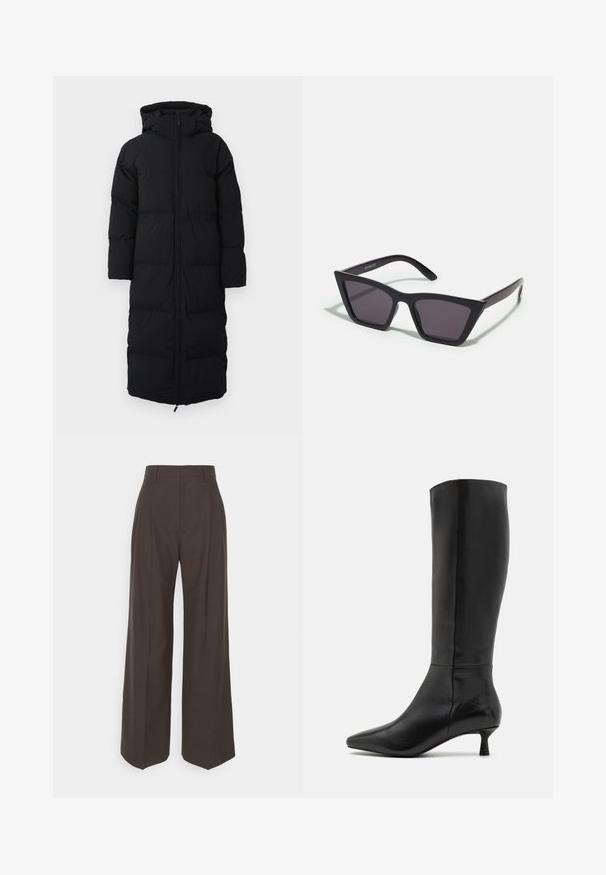 Langer schwarzer Daunenmantel mit Kapuze, gefertigt mit einem Reißverschluss, gestepptem Design und Seitentaschen. Hergestellt aus isolierendem, wasserabweisendem Material.; Langarmshirt aus schwarzem, weichem Stoff, mit weitem Ausschnitt und leicht lockerer Passform, ohne sichtbare Muster oder Hardware-Details.; Dunkelbraune weite Hose mit hoher Taille, die über sorgfältig gebügelte Falten, eine glatte Textur und eine taillierte Passform verfügt.; Zign Stiefel - black; Schwarze, eckige Sonnenbrille mit grauen Gläsern; aus Kunststoff gefertigt, mit dicken Bügeln, die eine glatte Oberfläche und keine sichtbaren Beschläge haben.