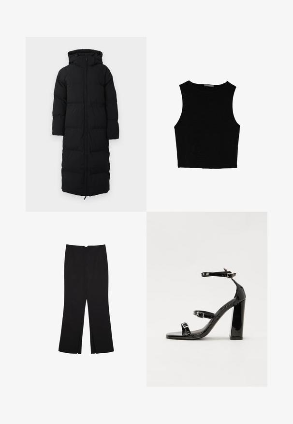 Cappotto lungo nero imbottito con cappuccio, dotato di chiusura con zip, design trapuntato e tasche laterali. Realizzato in materiale isolante e resistente all'acqua.; Top corto senza maniche nero realizzato in tessuto liscio, con scollatura rotonda e un design pulito e semplice, privo di pattern o accessori.; Pantaloni neri a gamba dritta, con tasche frontali e spacchi laterali all'orlo. Realizzati in tessuto morbido e liscio. Adatti a diverse occasioni.; Sandali con tacco in vernice nera, con punta squadrata, cinturini alla caviglia e fibbie in argento. Presentano un tacco a blocco spesso per maggiore stabilità.