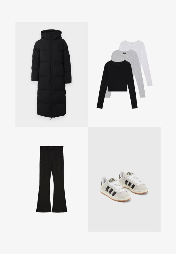 Dlhý čierny páperový kabát s kapucňou, s rozopínaním na zips, prešívaným dizajnom a bočnými vreckami. Vyrobený z izolačného, vodoodolného materiálu.; Tričko s dlhým rukávom v troch farbách: čiernej, sivej a bielej. Každé má okrúhly výstrih a skrátený strih vyrobený z hladkej, ľahkej tkaniny.; Čierne legíny s flared strihom vyrobené z elastického materiálu. Majú široký pás a hladkú textúru, s priliehavým siluetom, ktorý sa na okraji rozširuje.; Sivé semišové tenisky s bielymi šnúrkami, čiernymi pruhmi a bielou gumovou podrážkou. Obsahujú okrúhly logo na jazyku a gumenú podrážku.