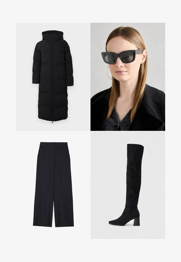 Long black puffer coat with a hood, featuring a zip closure, quilted design, and side pockets. Made from insulated, water-resistant material.; Black long-sleeve top featuring flared cuffs, soft texture, and a relaxed fit, with a simple round neckline.; Wide-leg trousers in dark navy fabric, featuring a smooth texture, front pleats, and decorative gold-tone eyelets on the side pockets.; Black suede knee-high boot with block heel, pointed toe, and smooth, seamless design on a plain light background.; Black cat-eye sunglasses with dark lenses, thick frames, and subtle accents. Worn with a black coat and gray top, featuring long straight hair.