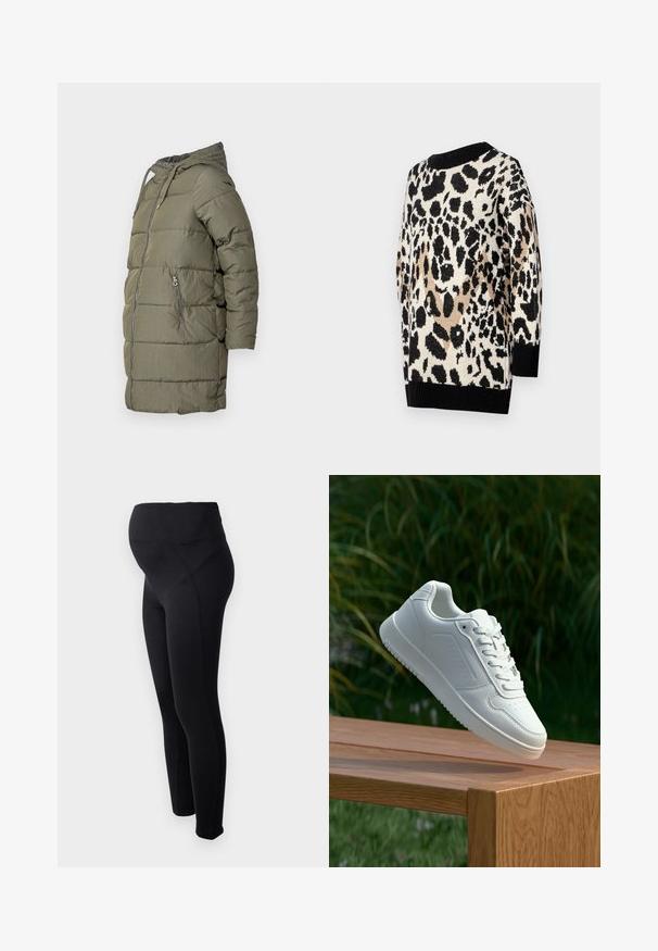 Olivově zelený péřový kabát s kapucí, dlouhými rukávy, předním zipem a dvěma bočními kapsami na zip. Texturovaná tkanina s hladkým povrchem.; Svetr s leopardím potiskem v neutrálních tónech černé, béžové a krémové. Má kulatý výstřih a žebrované černé manžety a lem.; Černé těhotenské legíny s vysokým pasem, vyrobené z elastického materiálu. Mají hladký povrch a přiléhavý střih pro pohodlí.; Bílé tenisky s hladkým syntetickým svrškem, perforovanou špičkou, plochými tkaničkami a texturovanou podrážkou, vystavené na dřevěném povrchu.