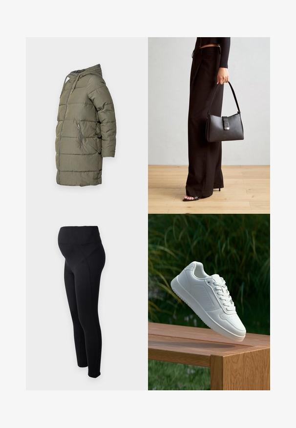 Maslinasto zeleni zimski kaput s kapuljačom, dugim rukavima, prednjim zatvaračem i dva bočna džepa sa zatvaračem. Teksturirana tkanina s glatkom završnom obradom.; Pulover sa uzorkom leoparda u neutralnim tonovima crne, bež i krem boje. Ima okrugli izrez i rebraste crne rukave i donji rub.; Crne trudničke tajice s visokim strukom, izrađene od rastezljivog materijala. Imaju glatku površinu i uski kroj za udobnost.; Bijela tenisica sa glatkim sintetičkim gornjim dijelom, perforiranim prednjim dijelom, ravnim vezicama i teksturiranom potplatom, prikazana na drvenoj površini.; Crna torba s oblikom koji sadrži strukturu, glađu teksturu i metalnu kopču. Uparena s širokim crnim hlačama i sandalama na otvorenom s drvenog poda.