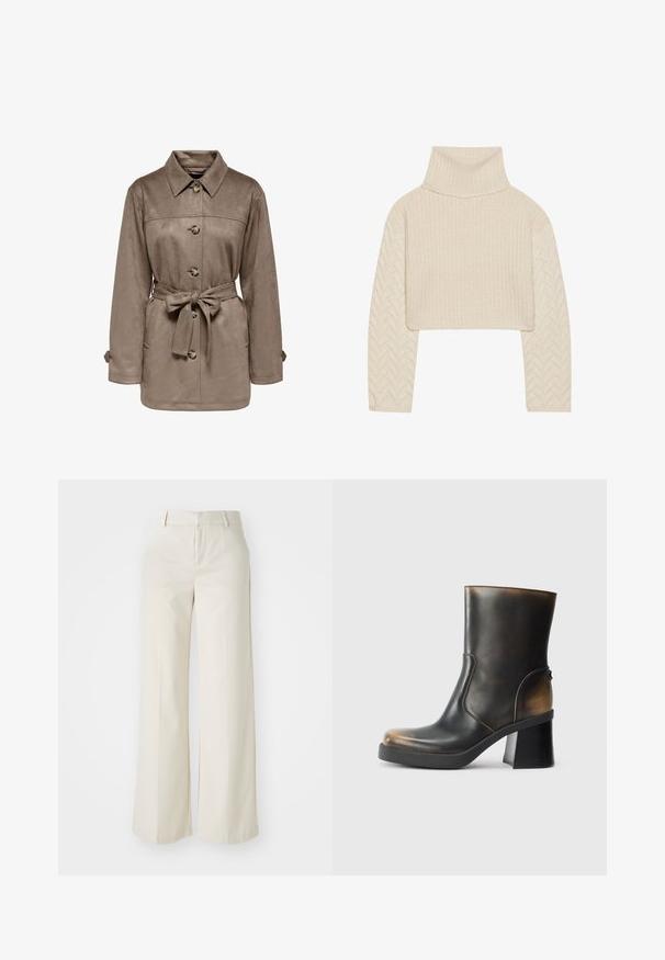 Rjava zamskasta jakna s ovratnikom, sprednjimi gumbi in pasom. Ima dva stranska žepa in zvite manšete. Mehka tekstura, sproščen dizajn.; Kremno obarvan skrajšan pulover z visokim ovratnikom, teksturirano pleteno telo in rokavi z vzorcem ribje kosti. Narejen iz mehkega volnenega materiala.; Široke hlače v svetlo bež barvi, izdelane iz gladkega materiala. Imajo klasičen pas in ravno sprednjo stran z čistimi linijami.; Črne usnjene gležnjarje s sijočo obdelavo, okroglo toe, kontrastnimi svetlo rjavimi detajli, blokastim peto in stranskim zadrgo.