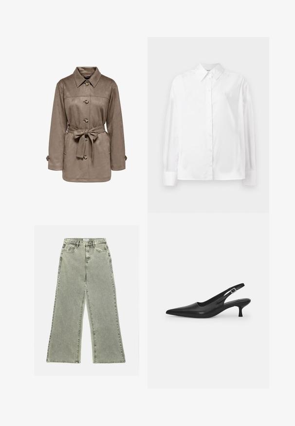 Veste en daim marron avec un col, des boutons sur le devant et une taille ceinturée. Dispose de deux poches latérales et de manchettes roulées. Texture douce, design décontracté.; Chemise blanche à manches longues, en mélange de coton lisse. Présente un col classique, une fermeture à boutons sur le devant et des poignets arrondis.; Jeans évasés en denim gris clair, avec une taille haute, des poches avant et un ourlet brut. L'aspect usé ajoute un intérêt visuel.; Chaussure slingback en cuir noir avec un bout pointu et un talon fin et incurvé. Dispose d'une sangle ajustable discrète avec une boucle en métal.