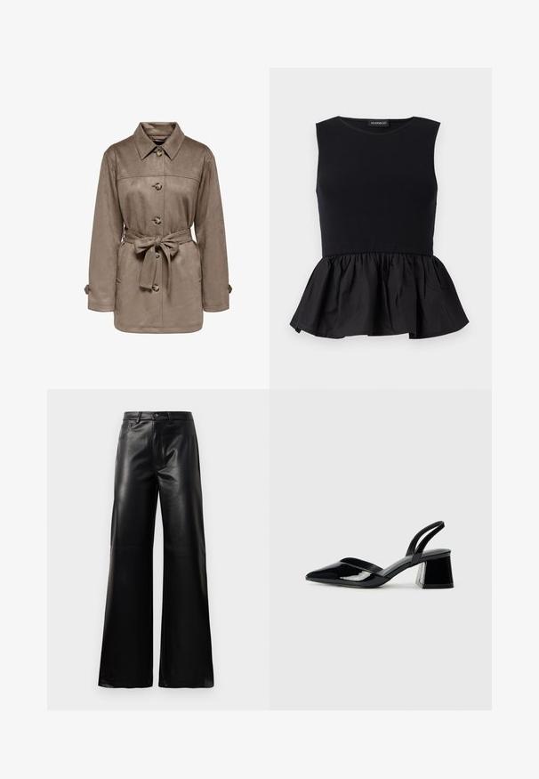 Bruine suède jas met een kraag, knopen aan de voorkant en een taille met riem. Voorzien van twee zijzakken en opgerolde manchetten. Zachte textuur, casual ontwerp.; Zwart mouwloos topje met ribbelachtig bovenstuk en een uitlopende, geplooide peplum onderkant. Soepele textuur met een egale kleur door het hele ontwerp.; Zwarte high-waisted wide-leg neplederen broek met een voorste knoop, ritssluiting, riemlussen en zijzakken op een witte achtergrond.; Zwarte gepatineerde leren slingback hakken met een spitse neus en een geometrische blokhak. Kenmerkt zich door een slank, minimalistisch ontwerp en een gladde textuur.