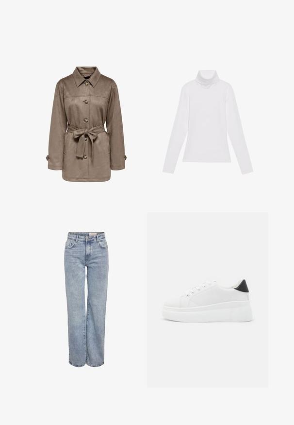 Brun semsket skinnjakke med krage, frontknapper og belte i livet. Har to sidelommer og rullede mansjetter. Myk tekstur, uformell design.; Hvit langermet høyhalset topp laget av glatt, elastisk stoff. Har høy krage og tettsittende design, uten synlige mønstre eller dekorasjoner.; Lys blå vide jeans laget av denim, med høy midje, fem-lommers design og subtile falminger for et slitt utseende.; Hvite plattform sneakers laget av glatt syntetisk materiale, med rund tå, snøring og en strukturert gummisåle. Svart hæl akcent.