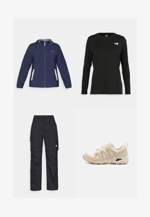 Navy blue hooded jacket with front zipper, elastic cuffs, and two side pockets featuring white and green plaid accents.; Black long-sleeve t-shirt made of cotton with a round neck. Features a small white logo on the left chest area. Simple design and fit.; Black nylon zip-off cargo trousers with adjustable cuffs, multiple pockets, and a logo on the right leg. Smooth, lightweight texture.; Beige and cream athletic shoe with textured mesh upper, supportive overlays, and rubber outsole featuring a tread pattern for traction.