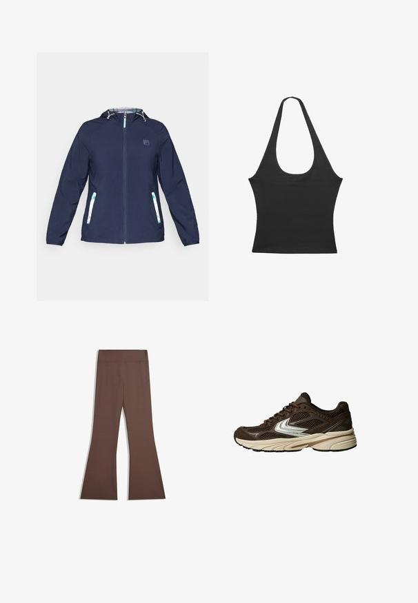 Navy blue hooded jacket with front zipper, elastic cuffs, and two side pockets featuring white and green plaid accents.; Black sleeveless top with a scoop neck, made of soft fabric. Features a fitted shape and clean edges. No additional patterns or accents.; Brown high-waist pants with a fitted upper leg and flared bottom, displayed against a plain white background.; Brown athletic shoe featuring mesh panels, a white accent design, a cushioned rubber sole, and a textured fabric upper for breathability.