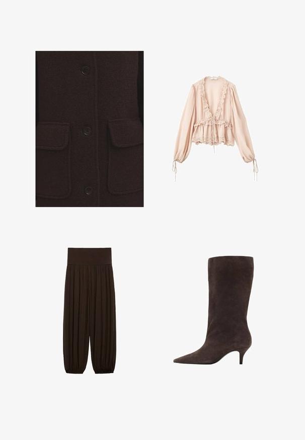 Tmavě hnědý vlněný kabát s texturovaným povrchem, čtyřmi černými knoflíky a dvěma předními náprsními kapsami s prošitými okraji.; Růžová blůza s dlouhými rukávy, volánkovým výstřihem, stahovacími šňůrkami v pase a krajkovým lemováním na rukávech a spodním lemu. Lehká texturovaná látka.; Hnědé plisované kalhoty se širokým elastickým pasem. Materiál je lehký a strukturovaný, s nařasenými lemy na manžetách.; Hnědé semišové vysoké boty po kolena s špičatou špičkou a středně vysokým podpatkem, s hladkou texturou a elegantním designem.