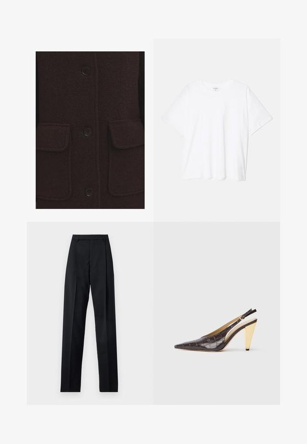 Donkerbruine wollen jas met een gestructureerde afwerking, vier zwarte knopen en twee voorzakken met gestikte randen.; Witte katoenen t-shirt met korte mouwen, ronde halslijn, comfortabele pasvorm en gestikte zoom. Etiket zichtbaar aan de binnenzijde van de hals.; Zwarte broek gemaakt van gladde stof met een hoge taille, wijde benen, voorplooien en klassieke ceintuurlussen. Geen zijzakken zichtbaar.; Puntige slingback hak in donkerbruin glanzend faux krokodillenleer. Kenmerkt zich door een goudkleurige geometrische hak en een verstelbare enkelband.