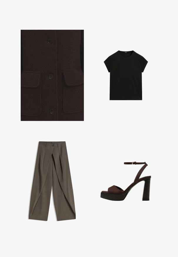Tmavě hnědý vlněný kabát s texturovaným povrchem, čtyřmi černými knoflíky a dvěma předními náprsními kapsami s prošitými okraji.; Černé tričko s krátkým rukávem a kulatým výstřihem s rovnými lemy, vystavené na bílé ploše.; Kalhoty s širokými nohavicemi vyrobené z texturované tkaniny tmavě šedé barvy. Obsahují přední záhyb, zapínání na knoflík a boční kapsy pro praktičnost.; Hnědé semišové sandály na vysokém podpatku s otevřenou špičkou, nastavitelným páskem kolem kotníku a proužkovou platformou.