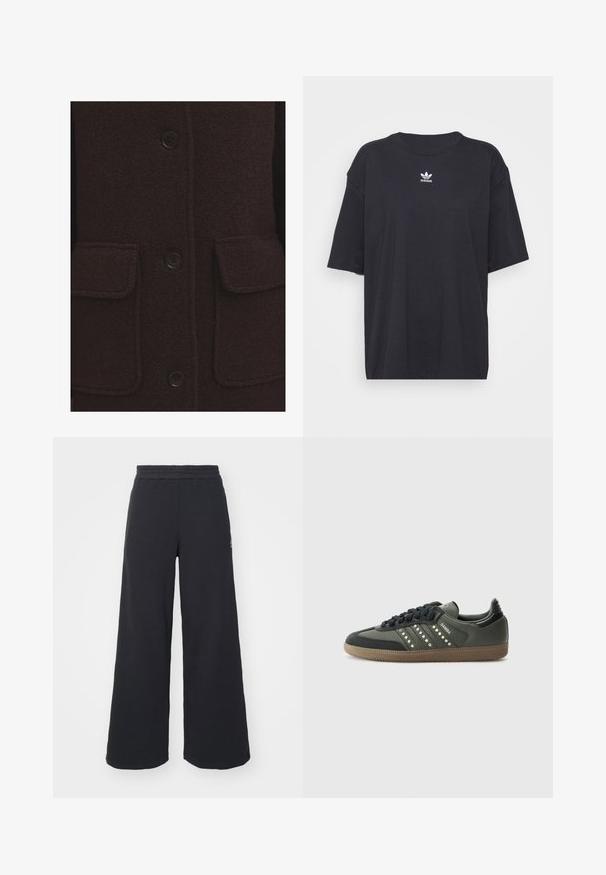 Manteau en laine marron foncé avec une finition texturée, quatre boutons noirs et deux poches avant à rabat avec des bordures cousues.; T-shirt en coton noir à manches courtes, col rond, avec un logo Adidas blanc sur la poitrine. Design simple, coupe décontractée.; Pantalons de survêtement larges noirs en tissu doux, dotés d'une taille élastique et d'un petit logo sur le côté gauche.; adidas Originals SAMBA OG - Baskets basses - core black/legend earth/gum