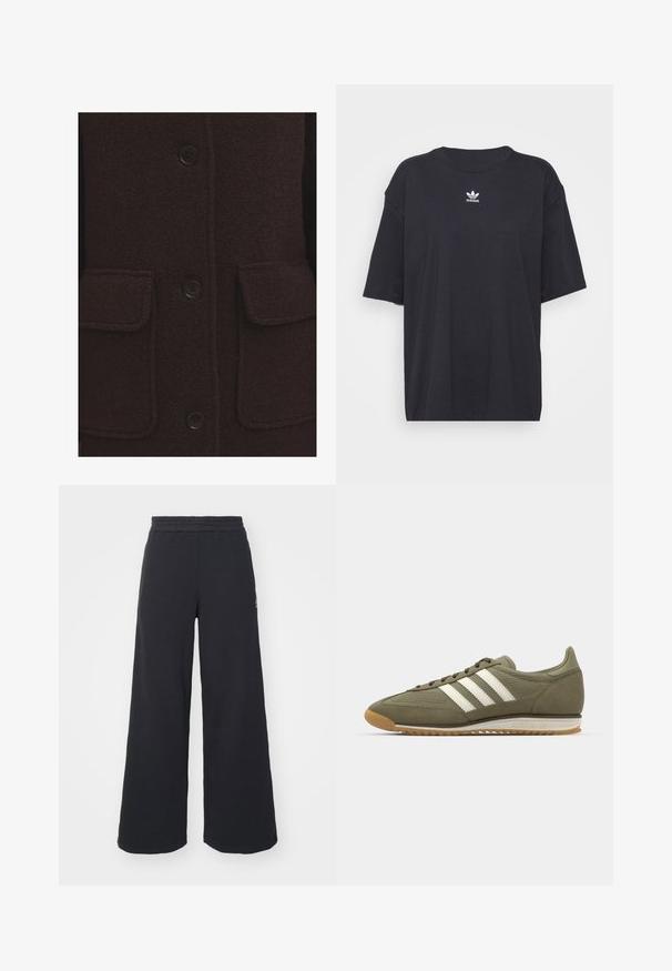 Tmavohnedý vlnený kabát s textúrovaným povrchom, štyrmi čiernymi gombíkmi a dvoma prednými náprsnými vreckami so šitými okrajmi.; Čierne bavlnené tričko s krátkymi rukávmi, okrúhlym výstrihom, na hrudi s bielym logom Adidas. Jednoduchý dizajn, voľný strih.; Čierne širšie tepláky vyrobené z mäkkej látky, s elastickým pásom a malým logom na ľavej strane.; Zelené semišové tenisky s mesh panelmi, tromi bielymi pruhmi a gumovou podrážkou. Majú okrúhle šnúrky a nízkoprofilový dizajn.