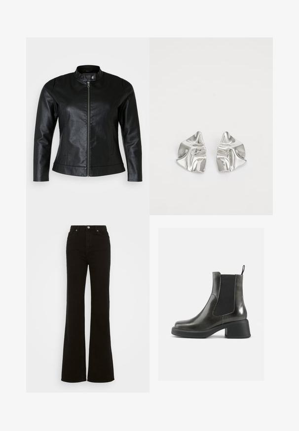 Casaco de cabedal preto com colarinho redondo, fecho frontal com zip e dois bolsos laterais. Textura suave com leve brilho e design ajustado.; Sweater de mohair castanho com padrão de diamante em bege, areia e creme. Decote arredondado e punhos canelados, textura suave.; Calças jeans pretas de cintura alta e boca de sino, feitas de denim, com fecho de botão, bolsos laterais e uma textura suave.; Botas de tornozelo em couro negro com um acabamento liso, painéis laterais elásticos e um salto robusto. Apresentam uma alça na parte de trás para facilitar o calçar.; Brincos de metal prateado com um design ondulante e escultural, apresentando um acabamento polido e formas irregulares, destacando uma estética contemporânea.